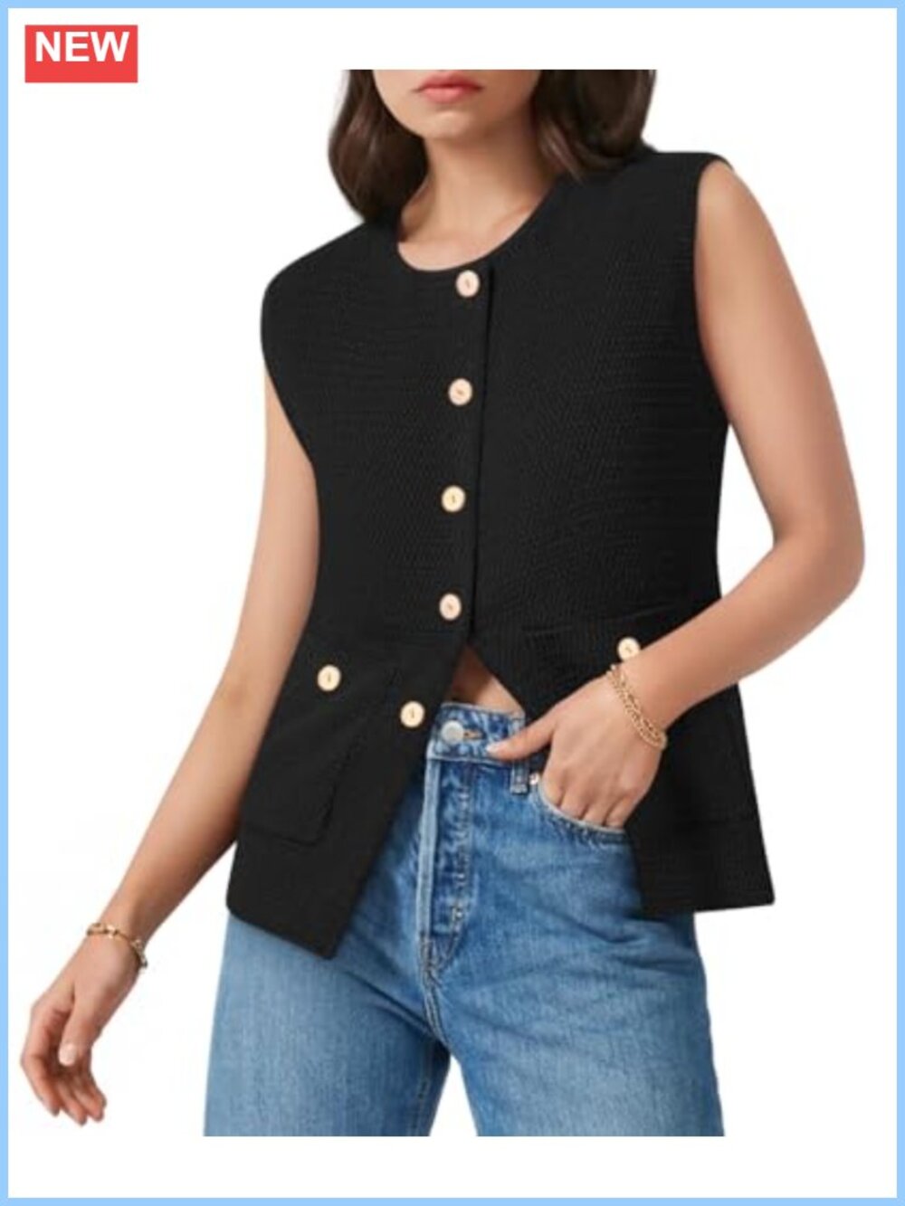 Womens Sleeveless Button Down Knitted Sweater Vest with Pockets